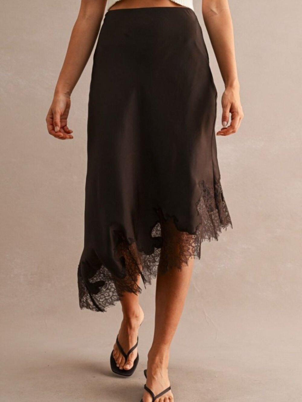 10/24 DROP! NWT Brown Lace Satin Trim Hem Fall Skirt SML Asymmetric - Picture 2 of 5